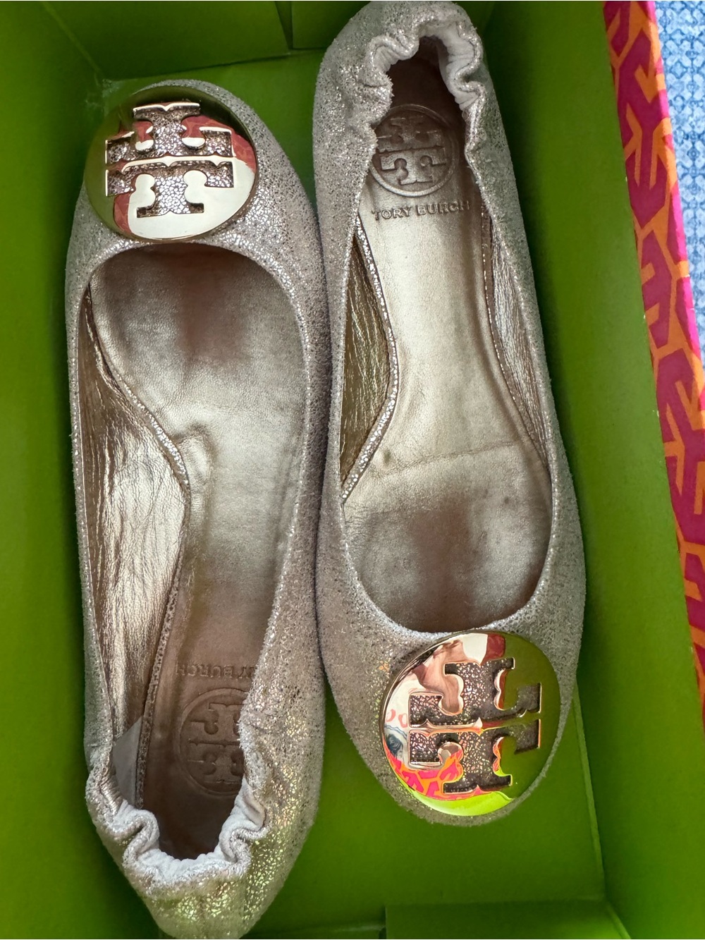 Tory Burch Gold Sparkle Logo Ballet Flats